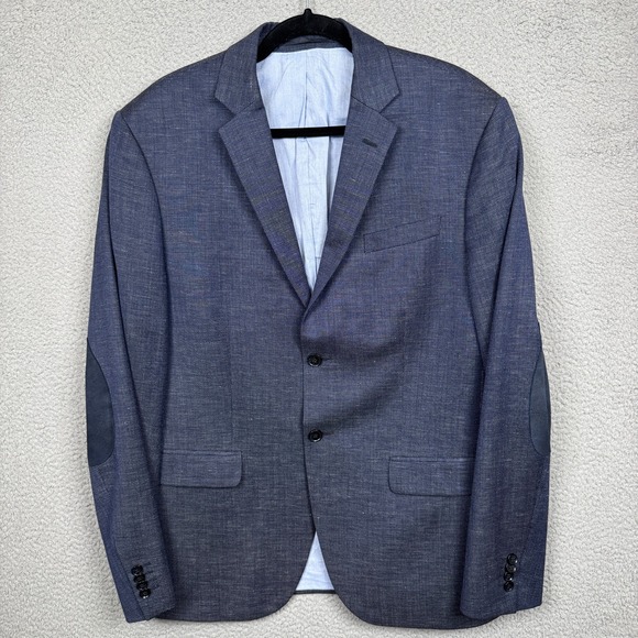 H&M Blazer Mens 44R Blue Sport Coat Jacket Wool Linen Blend Elbow Patches - Picture 1 of 12